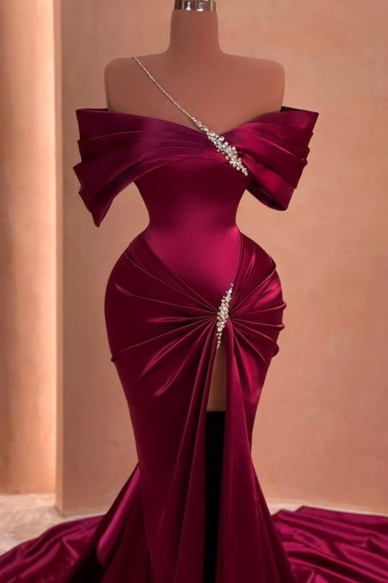 Glamorous Long Floor-Length Mermaid Off-The-Shoulder Split Front Satin Prom Dress with Beads