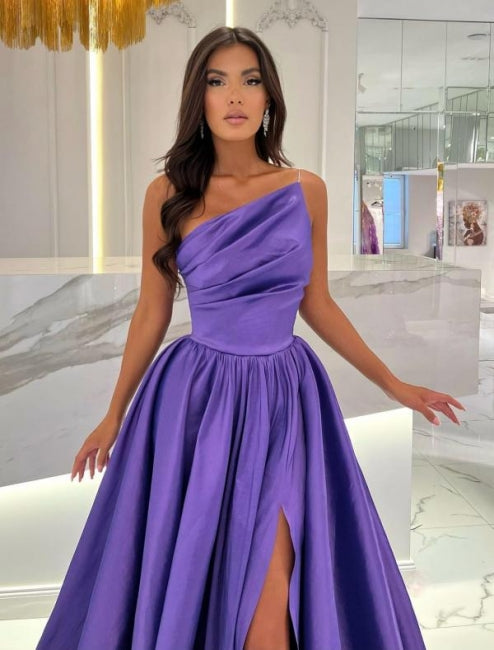 Fabulous Long Floor-Length A-Line One Shoulder Satin Split Front Sleeveless Prom Dress with Ruffles