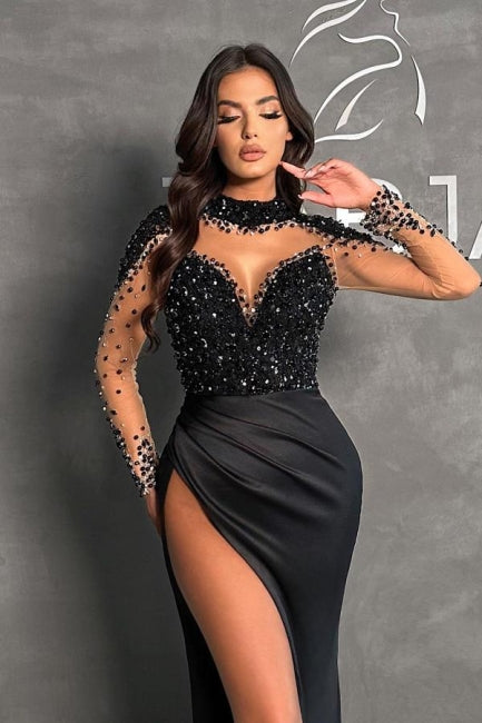 Gorgeous Long Black Split Front Halter Sweetheart Floor-Length Beading Satin Prom Dress with Long Sleeves