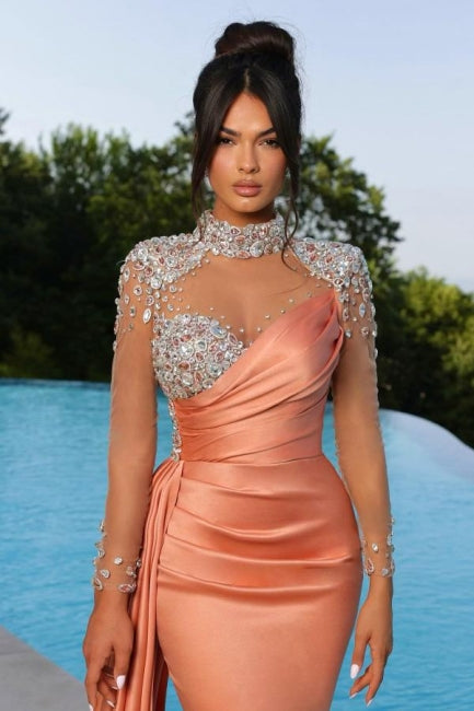 Elegant Mermaid High Neck Orange Floor-Length Sweethearts Long Sleeve Prom Dress with Beadings