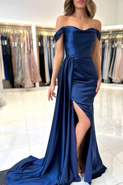 Sweetheart Long A-Line Satin Royal Blue Split Front Off-the-Shoulder Strapless Prom Dress with Ruffles