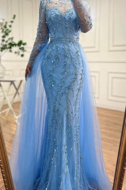 Glamorous Floor-Length Mermaid Tulle Long Sleeves Beading Ocean Blue Prom Dress with Appliques