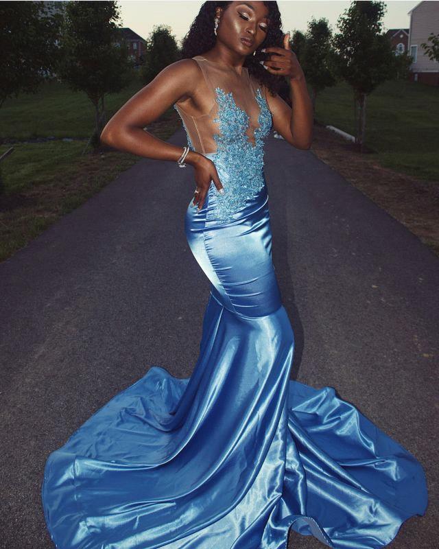 Sky Blue Silk-Like Satin Mermaid Lace Appliques Prom Dress