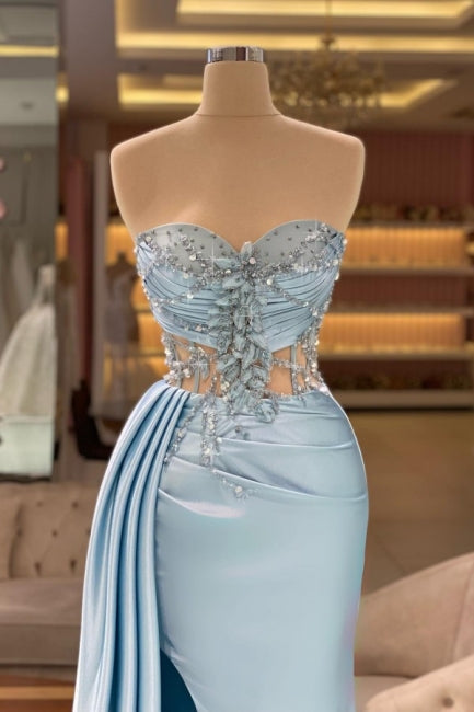 Ballbella Sky Blue Front Slit Sweetheart Strapless Sleeveless Ruffle Satin Evening Dress with Beadings