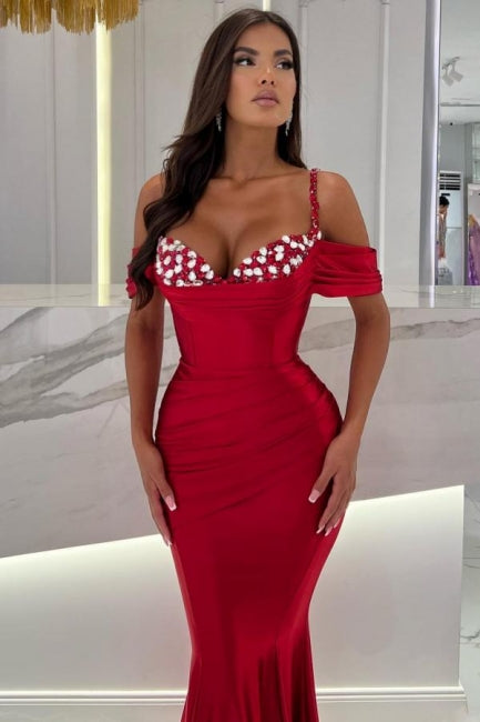 Ballbella Red Spaghetti Straps Sweetheart Off-The-Shoulder Long Satin Evening Dress with Ruffles