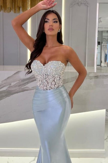 Ballbella Sky Blue Satin Sleeveless Sweetheart Long Mermaid Prom Dress with Beadings