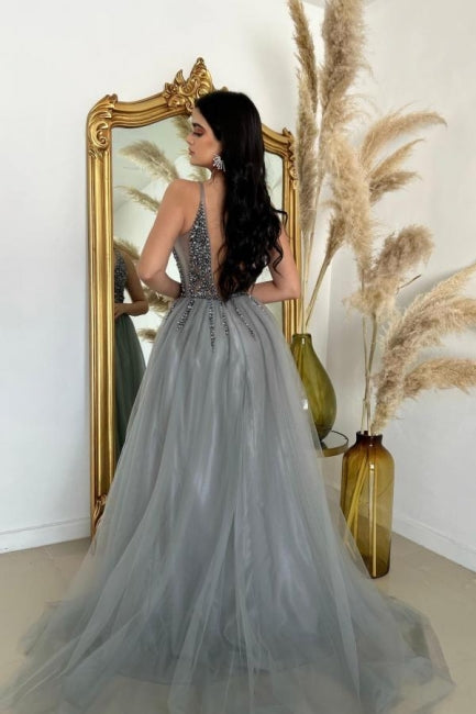 Ballbella V-Neck Spaghetti Straps Long Tulle Front Slit Sleeveless Prom Dress with Beadings