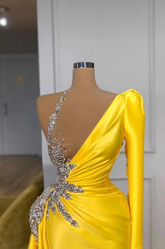 Illusion Neck Bright Yellow One-Shoulder Bubble Sleeves Prom Dress