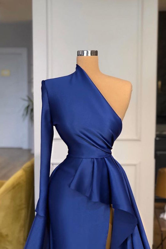 Dark Royal Blue One-Shoulder Ruffles Side-Cut Overskirt Prom Dress