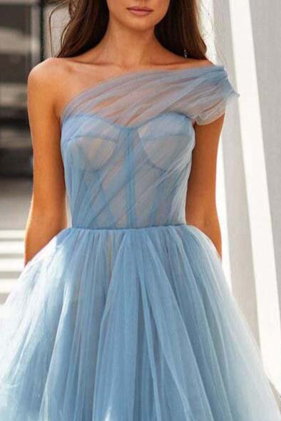 Sky Blue One-Shoulder Tulle Tea-Length Prom Dress