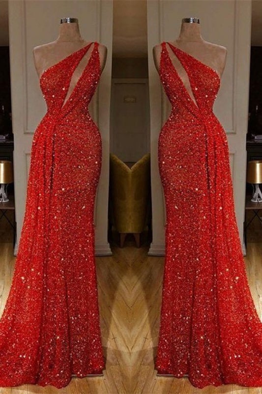 Gorgeous One Shoulder Red Sequins Long Prom Dress