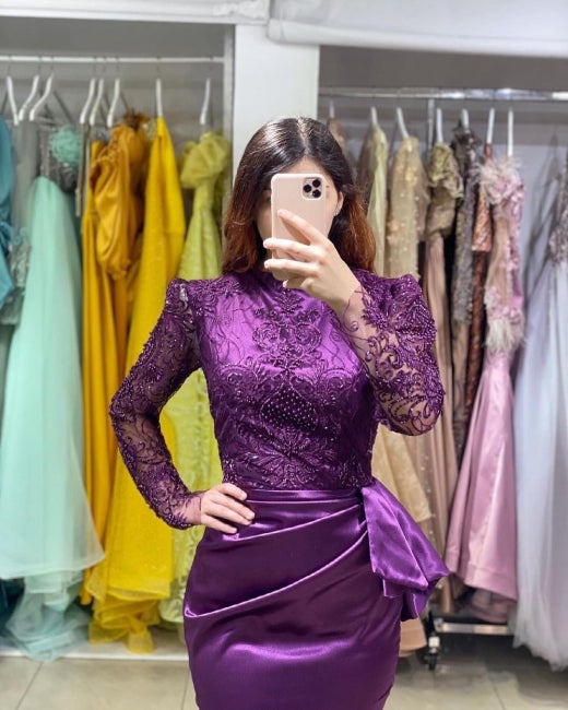 Purple Long Sleeves Mermaid Evening Gown with Lace