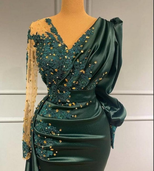 Dark Green Elegant Long Sleeved Mermaid Prom Dress