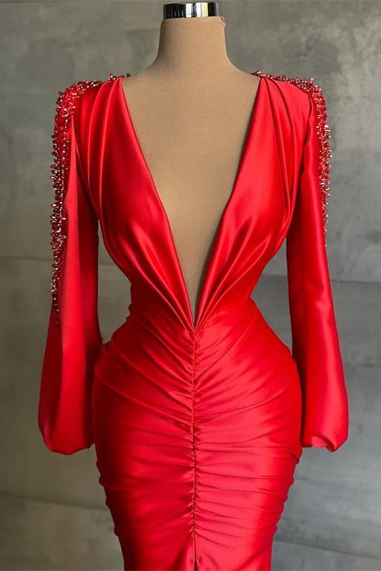 Sexy Deep V-Neck Red Long Sleeves Mermaid Prom Dress