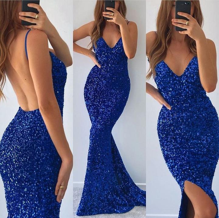 Royal Blue Sequins V-Neck Sleeveless Mermaid Evening Dress with Slit