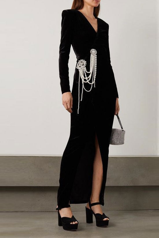 Luxury Black Deep V Long Sleeve Pearl Embellished Split Maxi