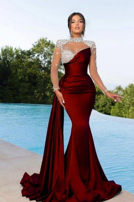 Charming Silver Beaded Burgundy Mermaid Prom Dress