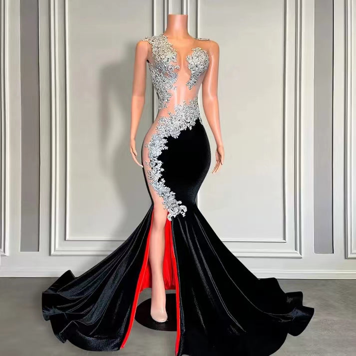 Designer Sleeveless Black Velvet Mermaid Formal with Appliques