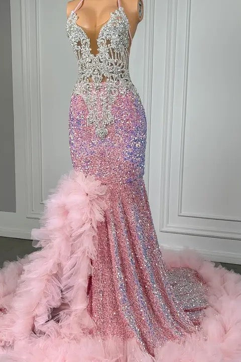 Glamorous Pink Halter Mermaid Formal with Sequins Beads