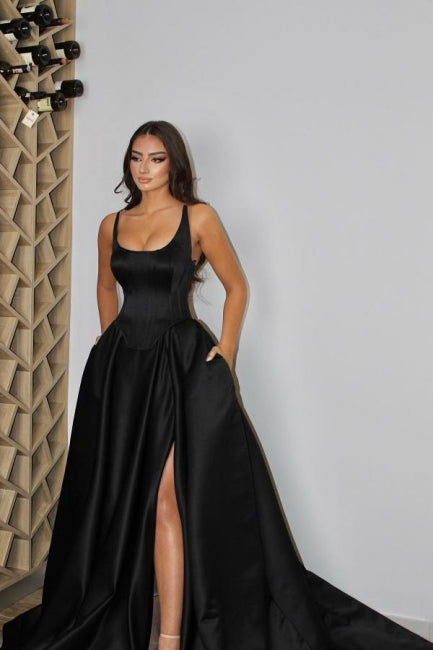 Sexy Sleeveless A-Line Satin Split Front with Spaghetti Straps