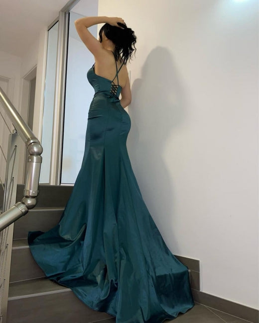 Gorgeous Dark Green V-Neck Long Mermaid Prom Gowns