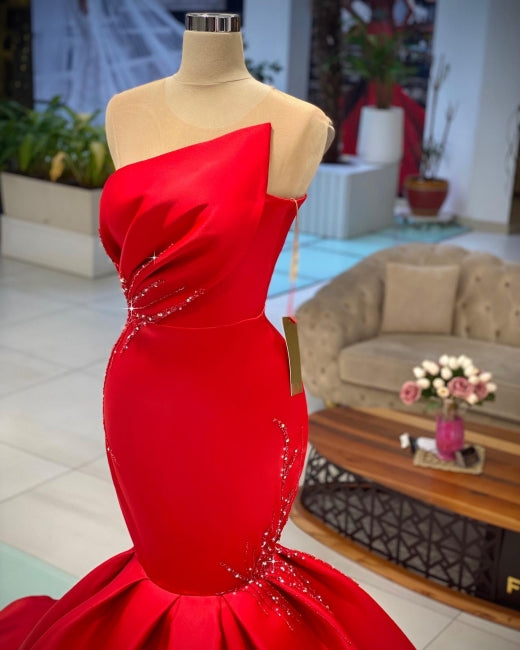 Chic Red Sleeveless Mermaid Long Evening Party Gowns