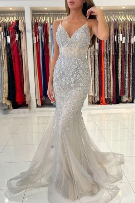 Classy Spaghetti-Straps Sleeveless Mermaid Lace Evening Gowns