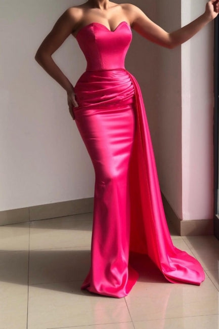 Chic Pink Strapless Sleeveless Mermaid Elastic Woven Satin Evening Gowns