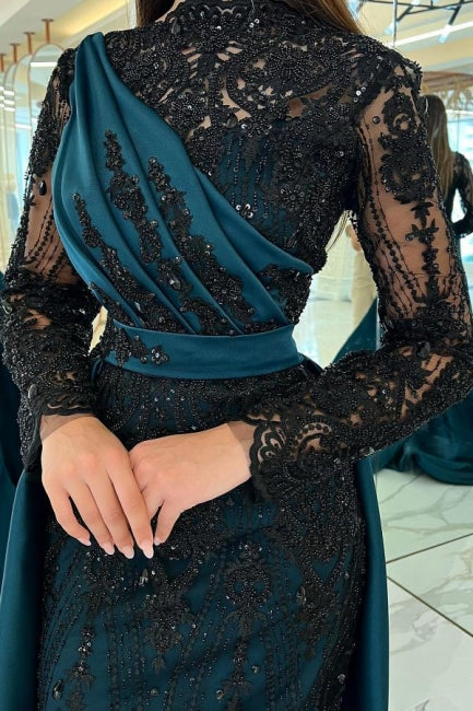 Modern Black Long Sleeve High-Neck Lace Evening Dress