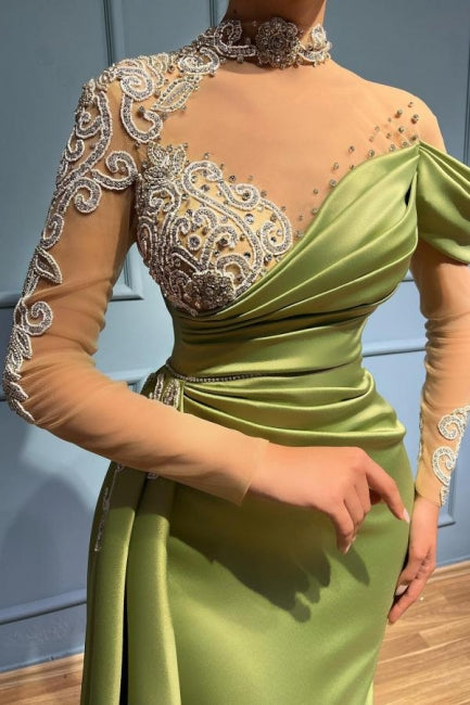 Gorgeous Sage Green High Neck Long Sleeve Mermaid Prom Dress