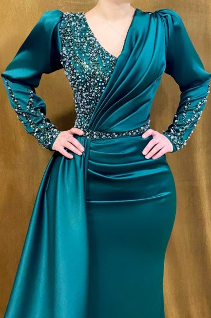 Ballbella Modern Beaded Long Sleeve Green V-Neck Mermaid Prom Dress