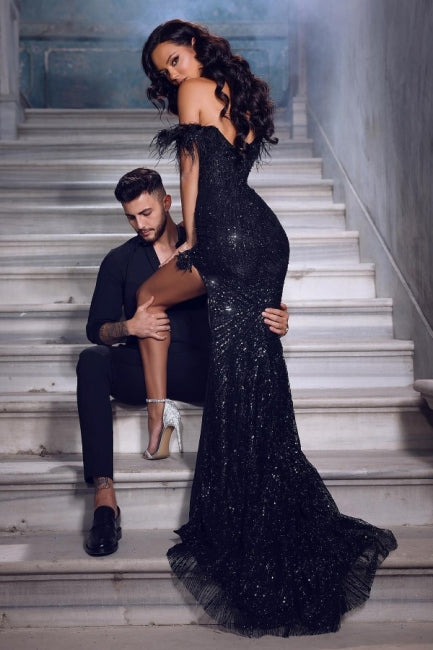 Ballbella Fabulous Black Lace Sequined Off-The-Shoulder Slit Long Prom Dress