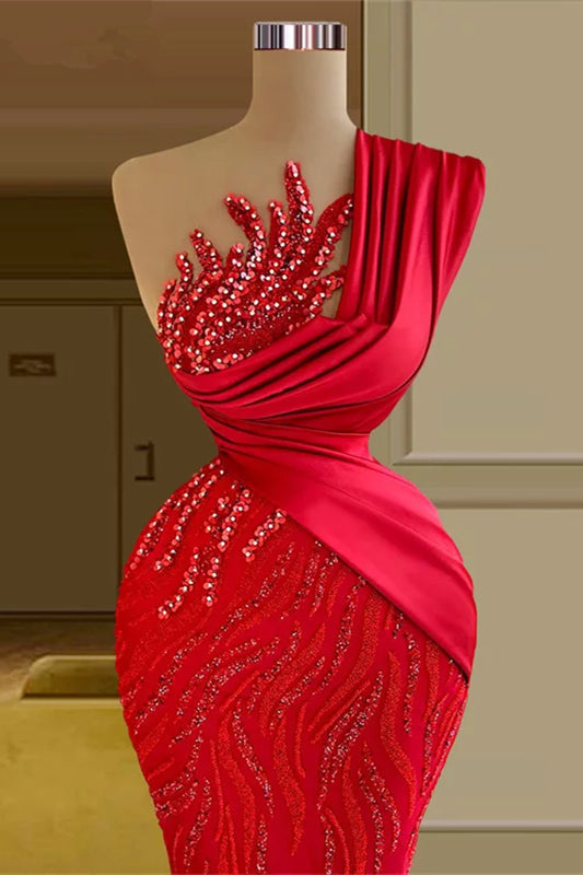 Gorgeous Red One Shoulder Lace Sequined Sleeveless Mermaid Gown