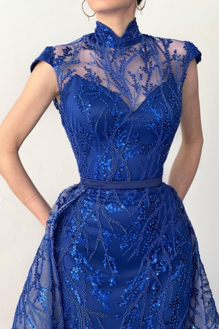 Glamorous Royal Blue High Neck Lace Detachable Train Prom Gown