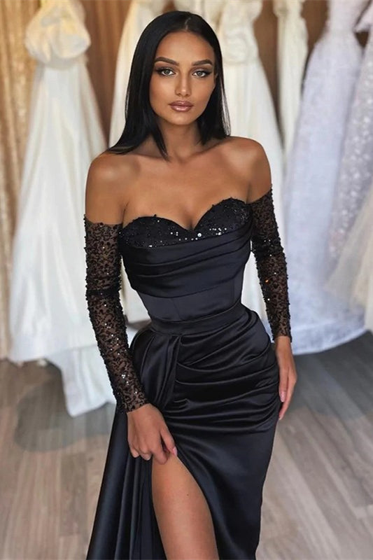 Amazing Black Front Split Long Sequins Mermaid Prom Dresses