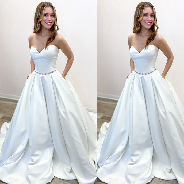 Sweetheart White Satin Princess Wedding Dress, with Pockets