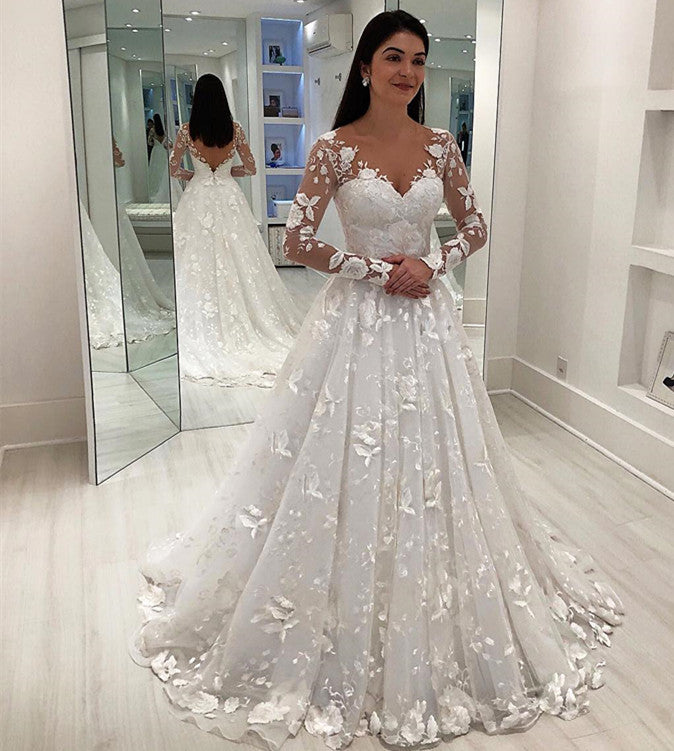 Long Sleeves Wedding Dress With Lace Appliques Princess Gown