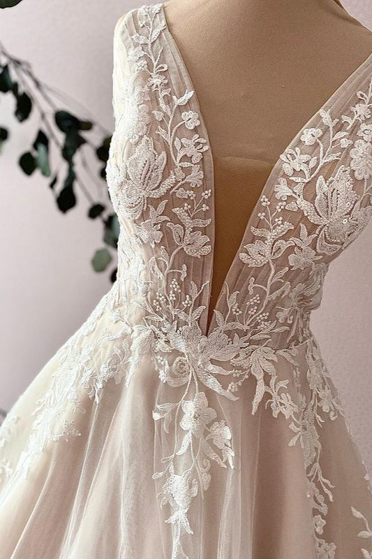 V-Neck Sleeveless A-Line Tulle Wedding Dress