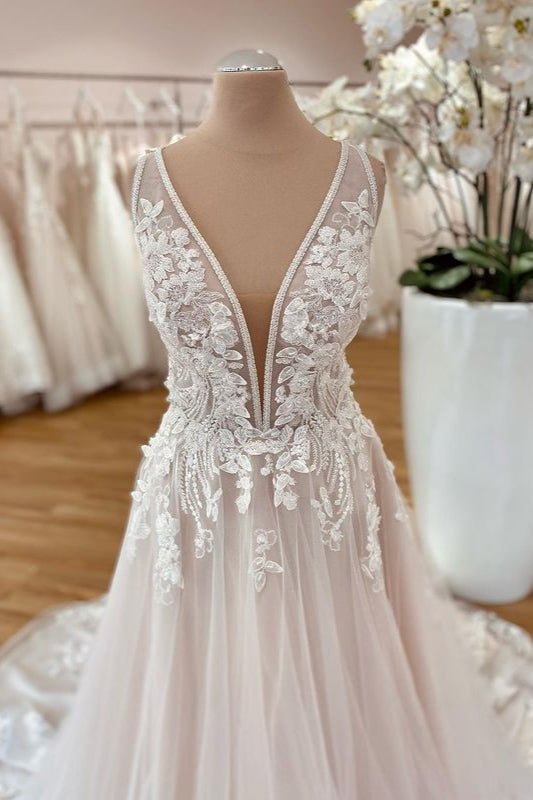 V-Neck Long Tulle Wedding Dress With Appliques