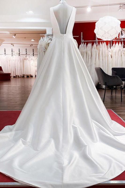 Elegant V-Neck Satin Wedding Dress, White Ruffles, Long Length