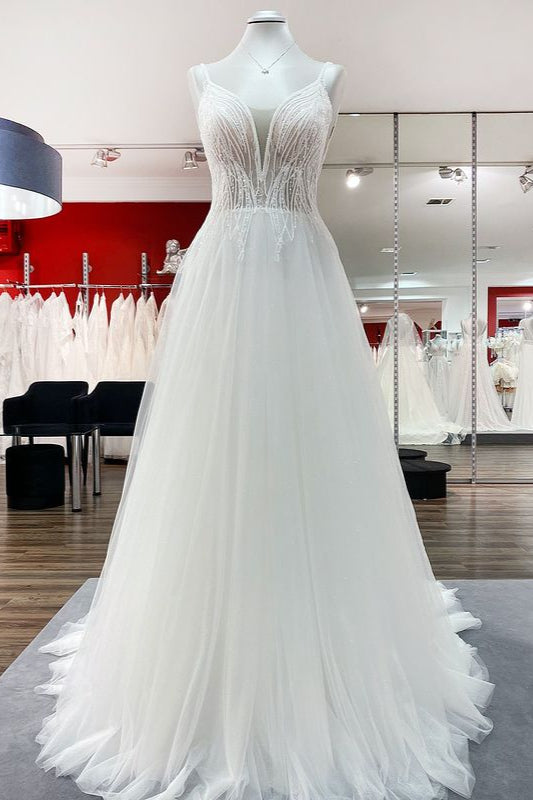 Breath-taking Tulle Wedding Dress, V-Neck, Sequins, Ruffles, A-Line