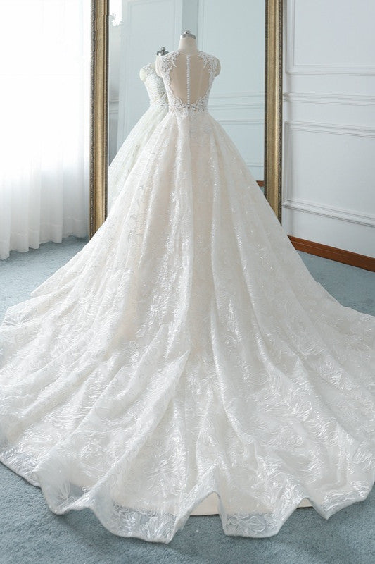 Elegant Jewel White Tulle Lace Wedding Dress with Sleeveless Appliques and A-Line Cut