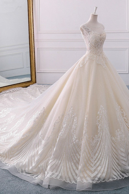 Gorgeous Jewel Lace Appliques Wedding Dress with Sleeveless Beadings and Sequins