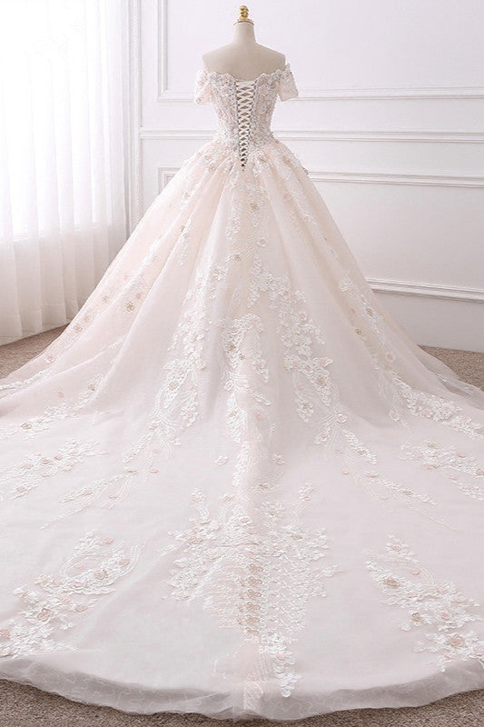 Ball Gown V-Neck Tulle Wedding Dress with Beadings & Lace Appliques