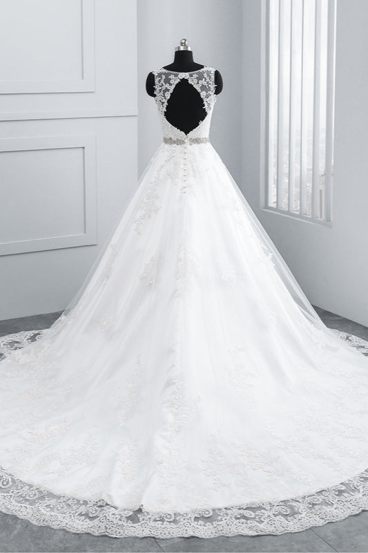 Simple Jewel A-Line Tulle Wedding Dress with Lace & Beading Details