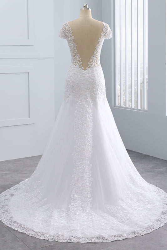 Chic Mermaid Tulle Lace Gown, Short Sleeves & Beaded Details