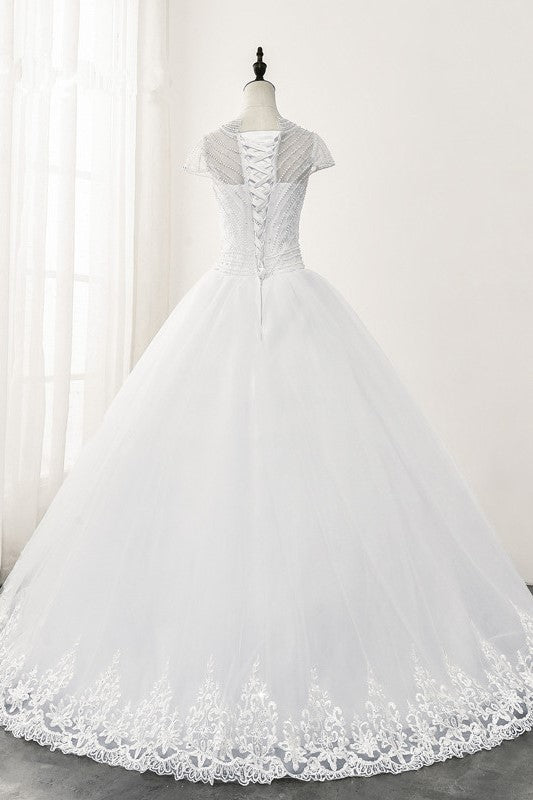 Chic Ball Gown White Tulle Dress, Short Sleeves & Rhinestones