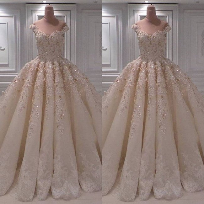 Elegant Champagne Off-the-Shoulder A-Line Wedding Dress with Lace