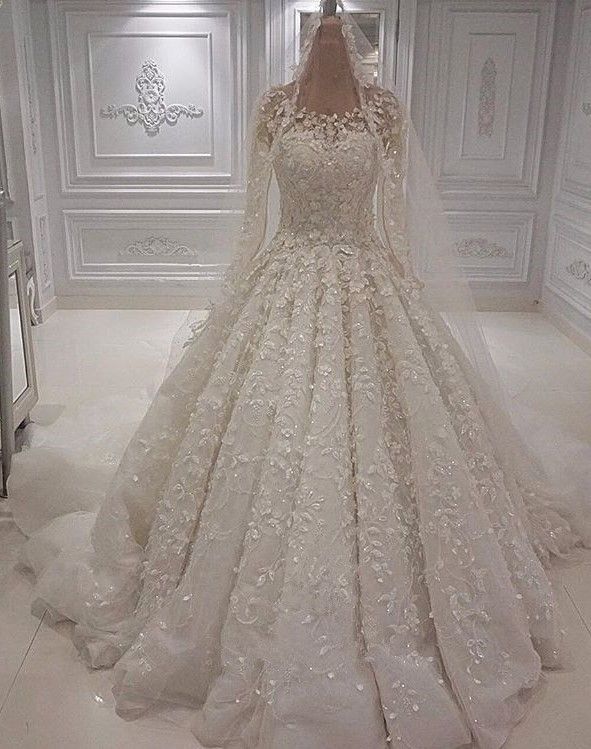 Chic A-Line Jewel Long-Sleeves Wedding Dress, Ivory Tulle Ruffles