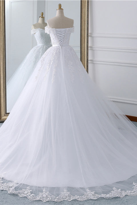 Affordable White Off-Shoulder Lace Wedding Dress, Tulle Ruffles, Appliques